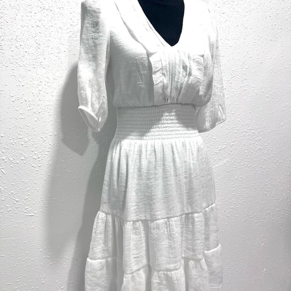 White Puff Sleeve V-Neck Mini Dress Medium - Picture 8 of 15